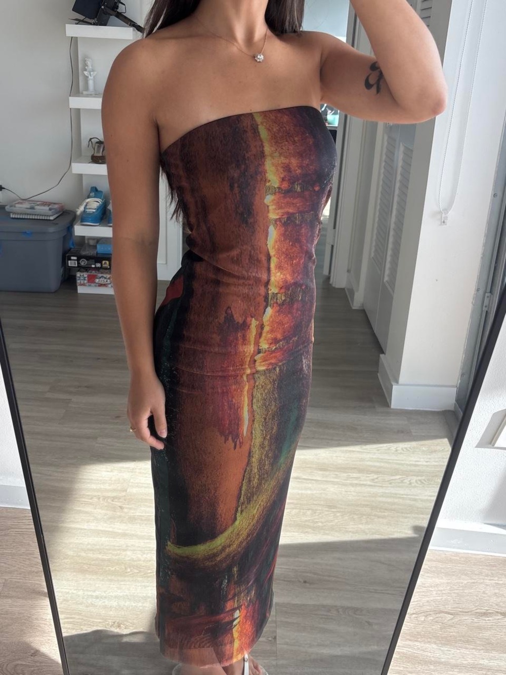 Zara Strapless Maxi Dress in Brown, Amber and Green Abstract Print